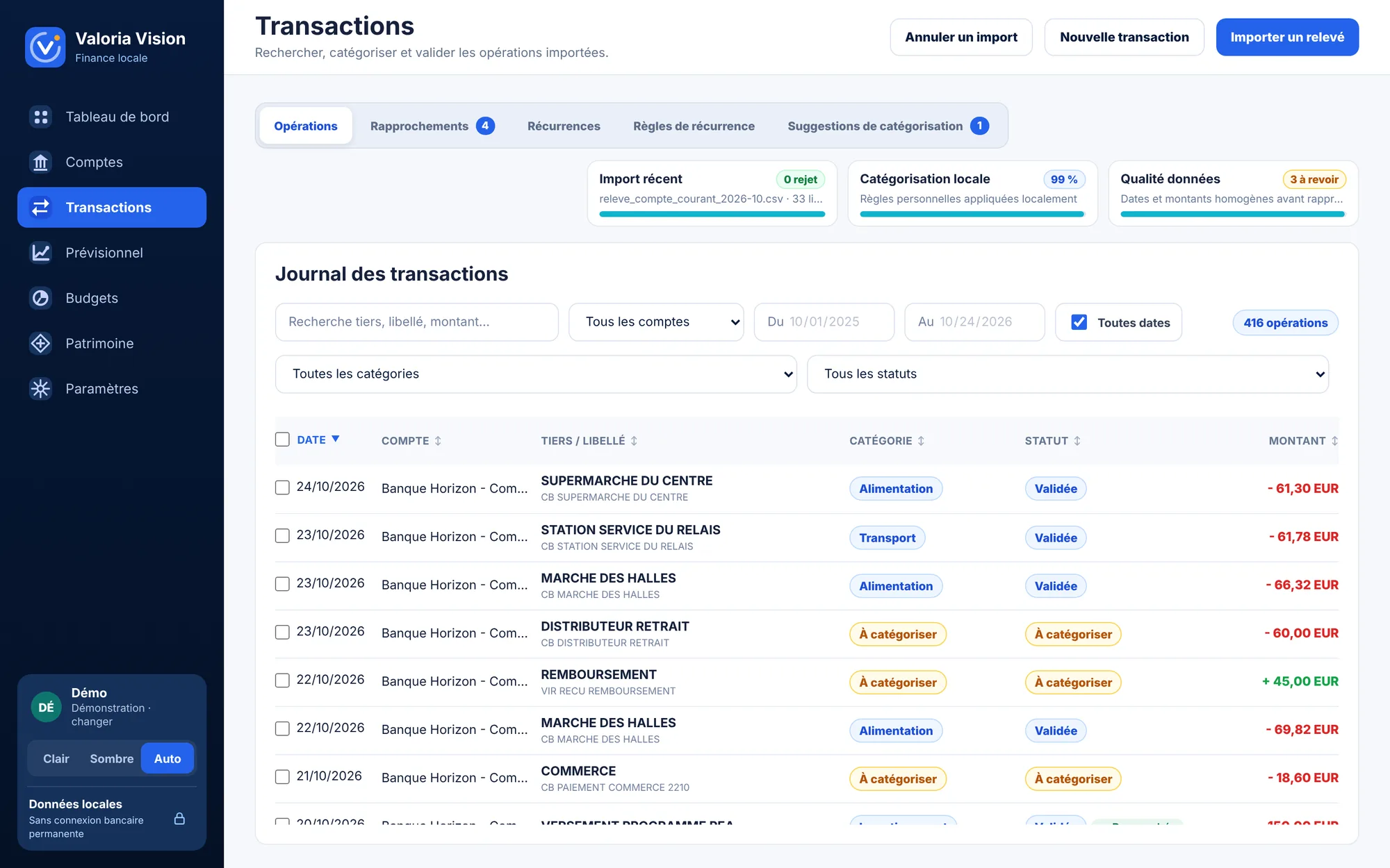 Capture de l’écran Transactions et imports de Valoria Vision, avec des données d’exemple