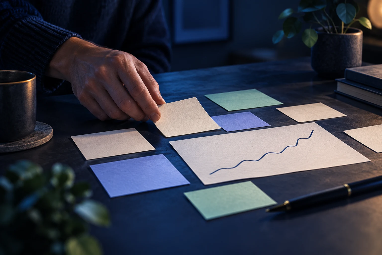 Une main organise des fiches de couleur autour d’un graphique tracé à la main.